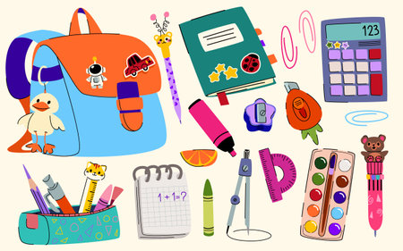 School stationery sticker set - backpack and notebook, pencil case and calculator, marker and pen, ruler and protractor, paintbrush with watercolor, eraser and sharpener. Cute educational supplies.のイラスト素材