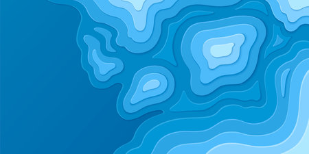 Topographic papercut - layered waves gradient blue background. Abstract relief map with contour lines elevation terrain. Geographic height data surface landscape visualization natural terrain scheme.のイラスト素材