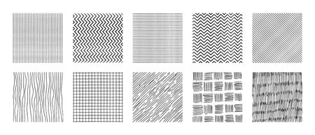 Crosshatch patterns collection - vertical, horizontal lines, zigzag and grid, waves and grass ink hatching. Shading textures set. Monochrome graphic design elements and decorative backgrounds.のイラスト素材