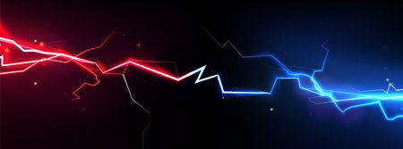 Neon vs thunder - glowing red and blue electric lightning bolts clash. Dynamic abstract energy flows, powerful opposition collision. Futuristic versus vibrant light effect backdrop, competitive matchのイラスト素材