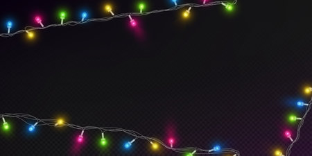 Glowing fairy lights garland - bright colorful bulbs on wire string isolated on transparent. Festive neon Christmas decorations, party supplies. Realistic holiday vector border, frame with shiny lampsのイラスト素材