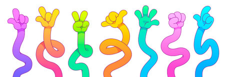 Cartoon hands gesture set - flexible multicolored arms, posing bending fingers, bright colors...