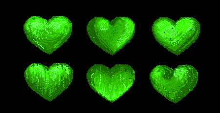 Green pixelated hearts set - retro 8 bit pixel art icons, y2k video game health indicators, 90s digital love symbols. Old school dithered low resolution graphic design elements on black background.のイラスト素材