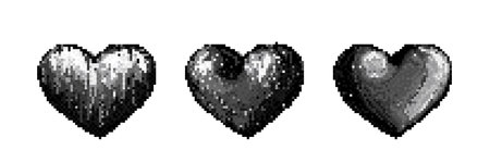 Y2k pixel heart icons in black and white grayscale. Retro 8 bit style love icons in nostalgic 90s aesthetic. Romantic symbols for simple digital art valentines day card. Old school gamer emoticon.のイラスト素材