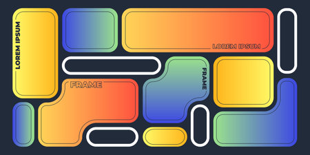 Abstract bento grid shapes on black background. Contemporary vector illustration of blue, yellow, orange gradient frames, geometric collage layout, web design template, y2k retro futuristic bannerのイラスト素材