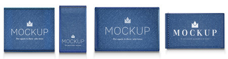 Denim texture patches mockup set - square label, vertical rectangle tag, small horizontal strip and fabric swatch. Blue jeans material with weaving pattern and stitched edges for clothing branding.のイラスト素材