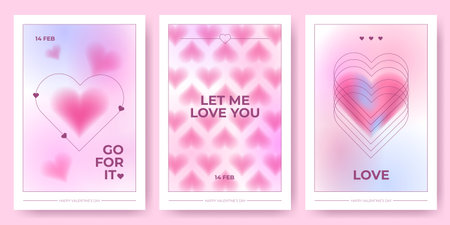 Y2k style Valentine Day cards set with pink and purple gradients, blurry aura heart shapes and tender slogans. Aesthetic 2000s design posters with romantic phrases. Cute retro 14 February posters.のイラスト素材