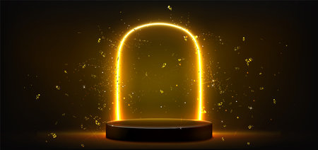Glowing gold podium display on black background - round stage with shiny yellow neon arch and bright glittering sparkles flying around. Luxury 3d pedestal platform, premium product showcase mockup.のイラスト素材