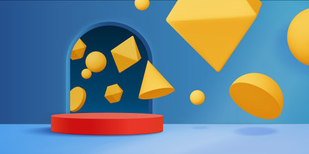 Red podium with yellow geometric shapes floating above on blue background with arch - spheres and pyramids, abstract elements and dynamic composition. 3d stage for exhibition and presentation design.のイラスト素材