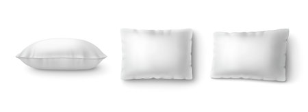 White rectangular bed pillows mockup top and side view. Realistic 3d soft fluffy plump pillowcases isolated on light background for branding designs, fabric prints, packaging templates.のイラスト素材