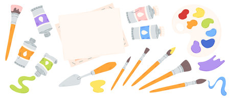 Paint brush tools set - colorful artistic supplies, painting accessories, artist palettes and spatula. Watercolor and gouache acrylic paintbrushes. Drawing instruments - creative craft equipment.のイラスト素材