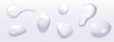 Clear gel drops and transparent liquid blobs of various shapes. Shiny, glossy water droplets and puddles with cosmetic serum essence texture and bubbles, skincare moisturizer product design element.のイラスト素材