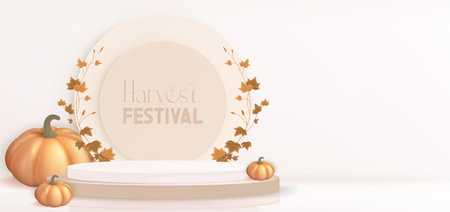 Thanksgiving autumn festival podium composition - realistic orange pumpkins, circular beige pedestal and ivy leaf branch. Minimal elegant design for seasonal holiday celebrations and festive events.のイラスト素材