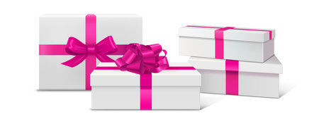 Gift box podium set with bright pink satin ribbon bows. Stacked white square pedestals. Magenta decorative ties on festive giftbox. Luxury present display platform for product showcase or celebration.のイラスト素材