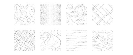 Set of hand drawn crosshatch textures - various pencil shading techniques creating patterns, abstract shapes, curved lines and scribbles. Monochrome sketch style graphic design elements collection.のイラスト素材