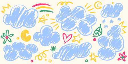 Crayon doodle style clouds with rainbow and stars, hearts and flowers illustration. Childlike drawing in pastel colors on light background. Cute decorative element for kids room, baby shower decor.のイラスト素材