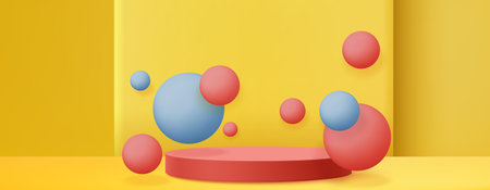 Red and blue spheres floating around cylinder podium on yellow background - abstract geometric shapes, bright contrasting colors, minimalist style. 3d stylized product display pedestal mockup.のイラスト素材