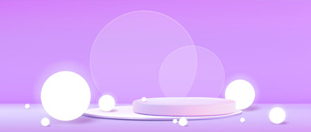 Glowing white spheres around purple circular podium stages - soft illuminated orbs on pastel...