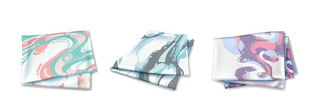 Set of colorful marbled kitchen towels, cloth napkins with liquid flow pattern. Pastel swirls and...
