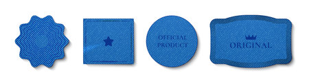 Premium blue denim fabric patches collection - classic jeans material labels of various shapes. Textured cotton cloth badges with stripe pattern. Realistic vector set for fashion design branding.のイラスト素材