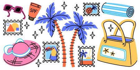 Retro tropical sticker pack - pink hat, sunscreen cream and sunglasses, palm trees and postal stamps, beach towel and bag. Funky summer vacation doodle illustrations for travel journal decorations.のイラスト素材