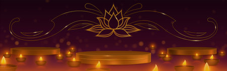 Diwali festival background with gold lotus flower decoration and swirls. 3d podium stage and burning diya oil lamps. Elegant Hindu holiday banner, greeting card design. Traditional Indian celebrationのイラスト素材