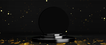 Black podium with gold glitter - dark stage platform illuminated by golden glowing particles, shimmering bokeh lights effect. Luxury product presentation, award ceremony backdrop, event announcement.のイラスト素材