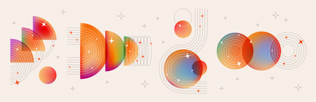 Bauhaus abstract design elements for music poster - colorful gradient semicircles and spheres with lines and stars. Bright modern dynamic geometric graphic shapes, retro vector illustration backgroundのイラスト素材