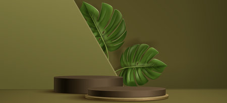 Brown wood podium display with monstera leaf - natural round pedestals, cylinder platforms on olive background. Luxury product showcase mockup with tropical plant. Organic cosmetics promotion design.のイラスト素材