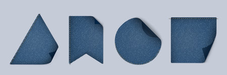 Denim fabric patches collection - blue jeans material cutouts of various shapes. Textured cotton cloth swatches with uneven edges, stitched stripe pattern. Realistic vector set for fashion design.のイラスト素材