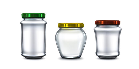 Glass jar mockups - clear container with yellow, red and green metal lids. Realistic 3d empty transparent kitchenware for product packaging design. Food storage preserve bottles with colored caps.のイラスト素材