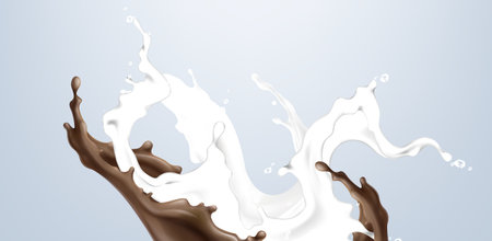 Milk and chocolate splash collision - creamy white liquid splattering with dark brown cocoa stream splashing. 3d dynamic food, abstract dairy product and sweet confectionery ingredient mixing.のイラスト素材