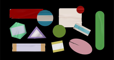 Set of vintage price stickers and tags in various shapes - rectangular and oval, round and triangular. Blank retro labels with torn worn out edges on black. Old adhesive paper badges and sale signs.のイラスト素材
