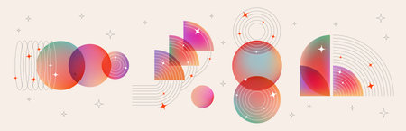 Bauhaus abstract design elements for music poster - colorful gradient semicircles and spheres with lines and stars. Bright modern dynamic geometric graphic shapes, retro vector illustration backgroundのイラスト素材