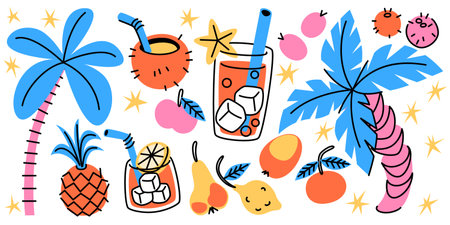 Retro tropical stickers in vibrant colors - exotic fruits, refreshing drinks, palm trees with lush leaves. Playful doodle style of summer mood. Joyful bright and fun elements with holiday vibe.のイラスト素材