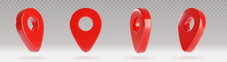 3D red map pointer pin icons set - glossy location markers with transparent shadows isolated on gray background. Shiny drop shaped navigation symbols for GPS, travel, delivery service apps UI design.のイラスト素材