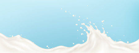 White milk splash wave - liquid swirl on light blue background. Creamy dairy product, yogurt or cream flow with drops and bubbles. Healthy drink smooth dessert ingredient in motion. 3d vector.のイラスト素材