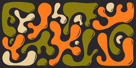 Funky liquid shapes pattern - colorful abstract organic forms on black background. Retro groovy blobs, flowing curves, psychedelic design elements. Lava lamp style ornament, 70s aesthetic decorations.のイラスト素材