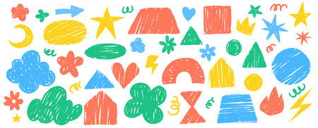 Crayon doodle sticker set - colorful childish scribbles of hearts and stars, clouds and flowers, lightning bolts and simple geometric shapes. Cute decorative sketchy forms for kids design projects.のイラスト素材