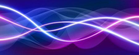Abstract neon light waves - glowing curved lines flowing on dark background, vibrant blue, pink and purple colors. Futuristic trail technology style. Energy or sound visualization, music rhythm.のイラスト素材