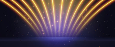 Blue stage illuminated by golden light rays with glitter bursting from center. Sparkling particles and twinkles. Concert magical spotlight beams for entertainment events or celebration performances.のイラスト素材