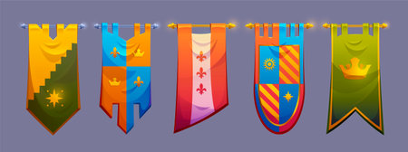 Medieval flag game banners collection - colorful heraldic pennants with crown, sun and, star symbols hanging on poles. Castle decoration assets for fantasy rpg interface. Royal tournament emblems.のイラスト素材