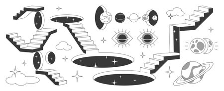 Surreal door portal elements collection - mystical staircases leading to cosmic gateways, floating eyes, planets with rings, starry voids and clouds. Monochrome abstract design for fantasy worlds.のイラスト素材