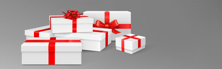 Gift box podium composition - white cube pedestals wrapped with red ribbons, 3d vector presents displaying products, holiday reward platforms for special sale offer promotions and celebrations.のイラスト素材