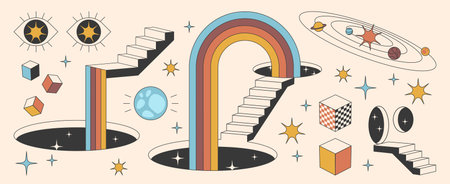 Surreal door portal collection with colorful rainbow arches, floating geometric cubes, staircases leading into dark voids, mystical eyes, planetary orbits, sparkling stars and dimensional gateways.のイラスト素材