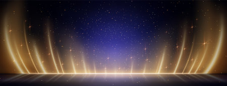 Magical blue stage with golden light beams rising from glowing horizon line. Sparkling glitter particles float through dreamy performance backdrop. Vertical rays for concert or event presentation.のイラスト素材