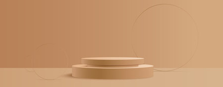 Beige round podium display on light brown background. Minimal empty platform for product showcase or presentation. Abstract realistic 3d stage with thin rings. Pastel monochrome scene.のイラスト素材