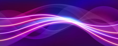 Abstract neon light waves - glowing curved lines flowing on dark background, vibrant blue, pink and purple colors. Futuristic trail technology style. Energy or sound visualization, music rhythm.のイラスト素材