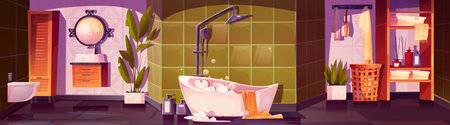 Cartoon bathroom interior scene - white bathtub with foam bubbles and modern shower fixture on tiled wall, ornate mirror and hanging towel, vanity cabinet and toilet, potted plants and woven basket.のイラスト素材
