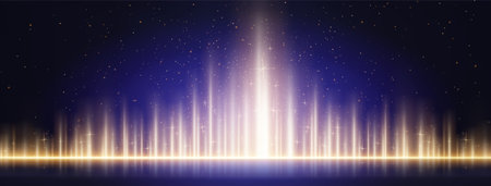 Magical blue stage with golden light beams rising from glowing horizon line. Sparkling glitter particles float through dreamy performance backdrop. Vertical rays for concert or event presentation.のイラスト素材